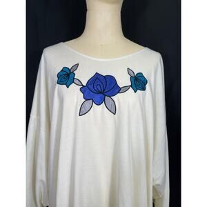 Vintage 80's Alley Cat II Plus Size Cream Blouse with Blue Rose Decals
